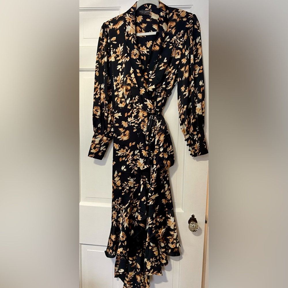 Dress Forum LA Black Floral True Wrap High Low Maxi Dress  Button Detail Small